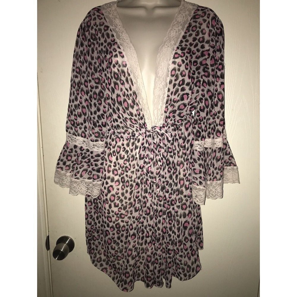 Vtg Seductive Wear by Cinema Sheer Leopard Print Night Robe Coverup Cinch Waist